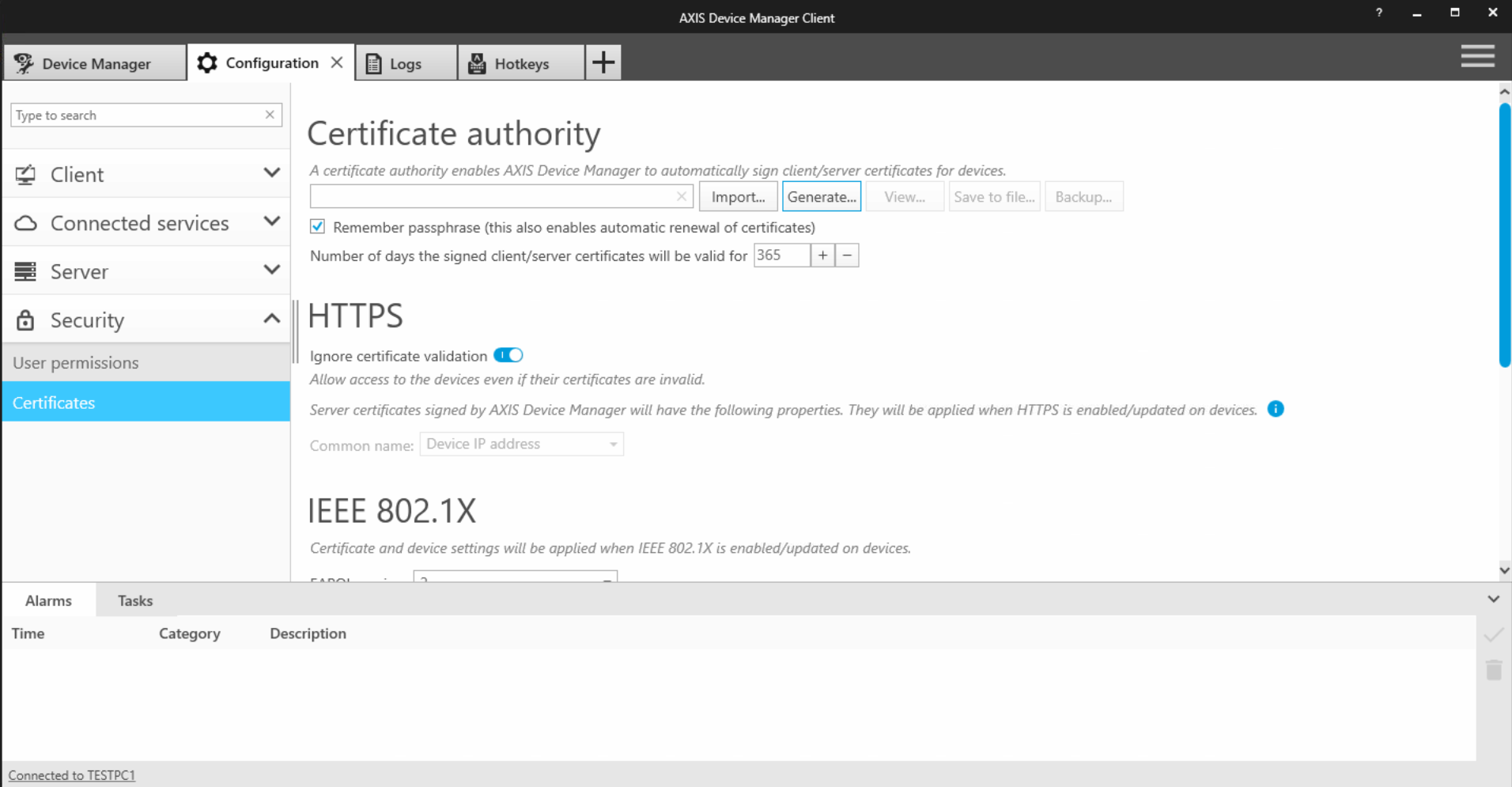 Axis Device Manager and Certificate creation/installation